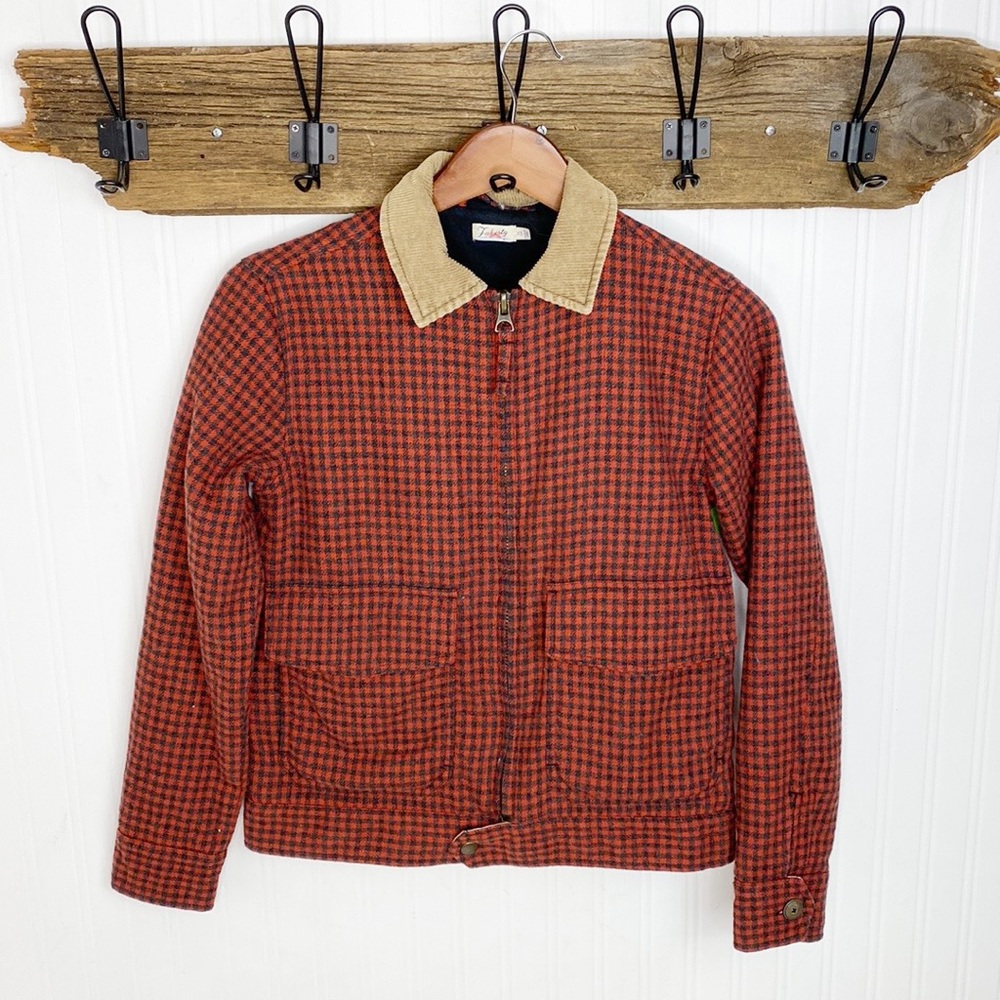 Faherty Checked Wool Jacket Full Zip Front Corduroy Collar